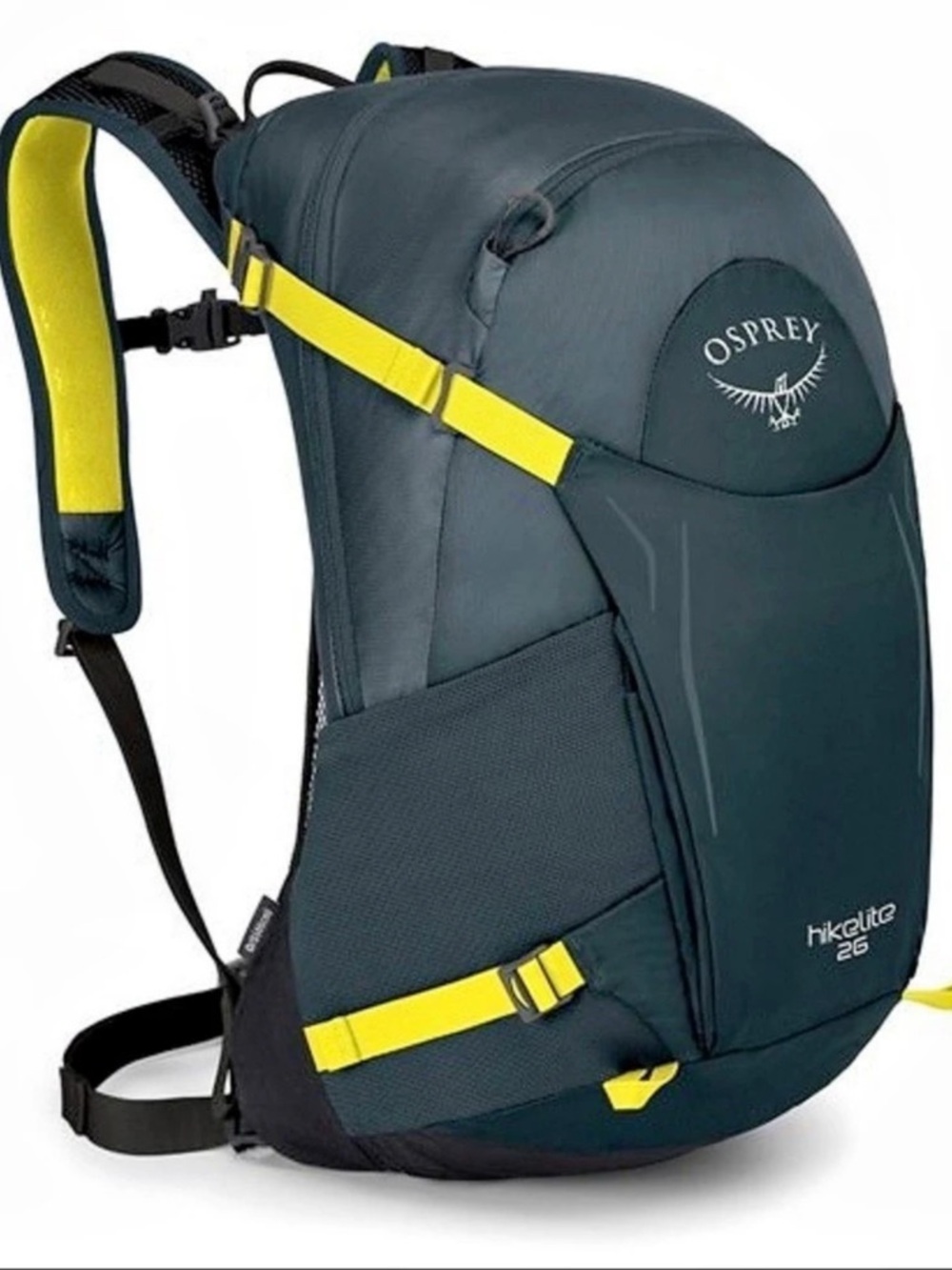 Osprey Hikelite 18 hiking daypack in the Shiitake Grey and yellow